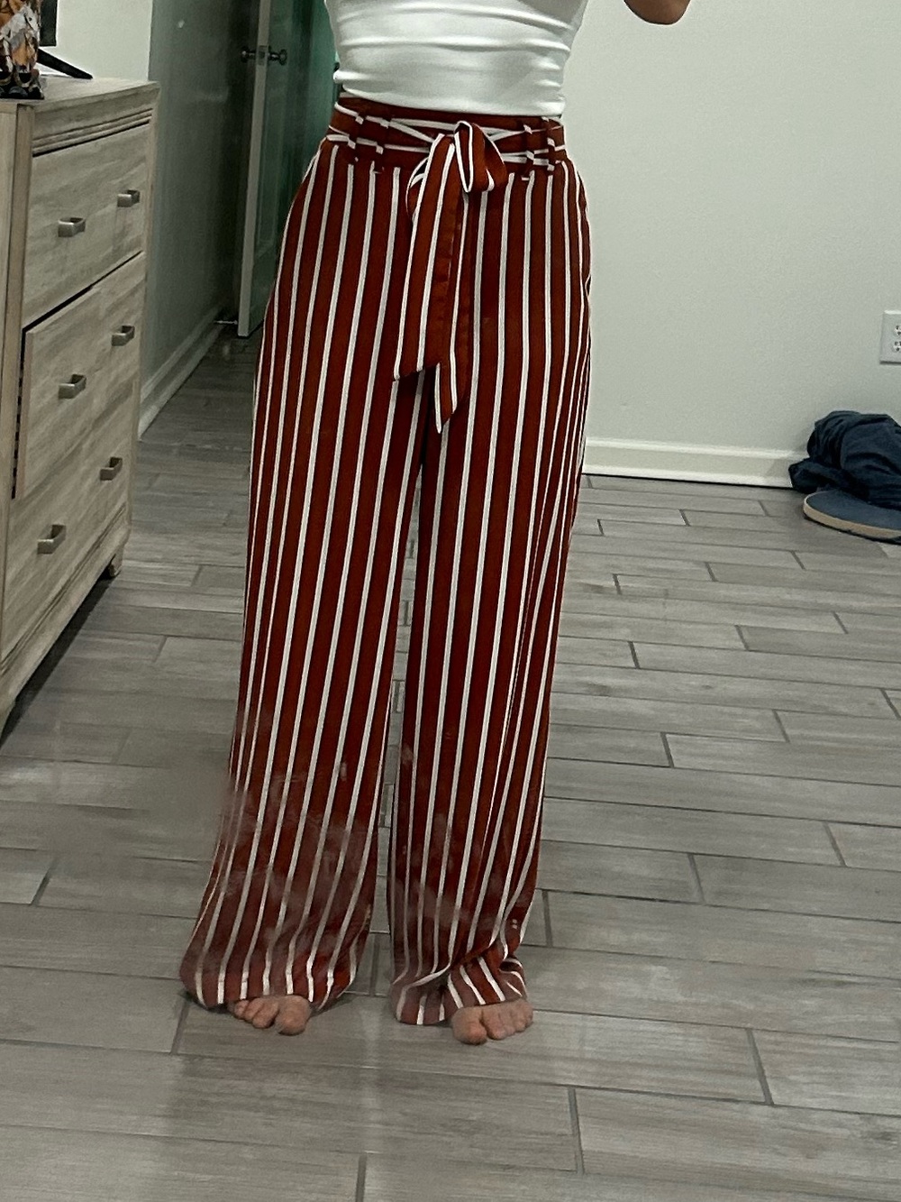 A New Day Rust & White Vertical Stripe Wide-Leg Pants w Tie Waste XS